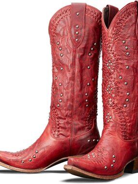 Women's Red Leather Pointed Toe Chunky Heel Pull on Zipper Cowboy Boot